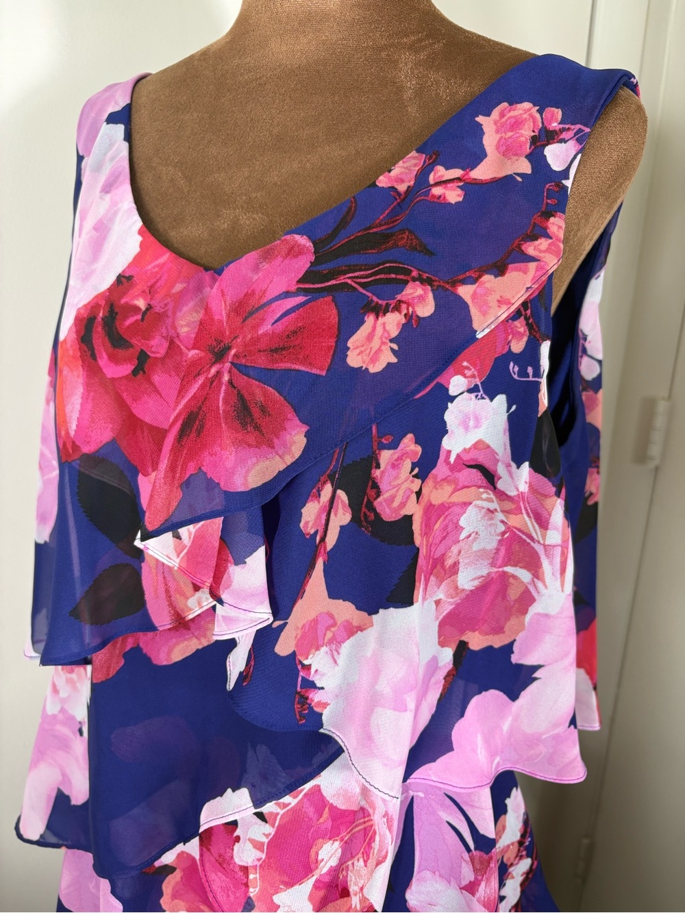 SLNY Women Vtg Sz 12 Floral Tiered V-Neck Ruffle Chiffon Cocktail Midi Dress - Picture 5 of 8